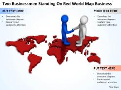 Two businessmen standing on red world map business ppt graphics icons powerpoint