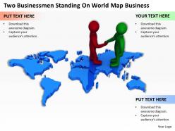 Two businessmen standing on world map business ppt graphics icons powerpoint