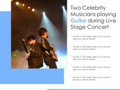 Two celebrity musicians playing guitar during live stage concert