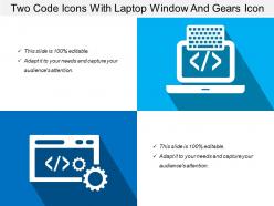Two code icons with laptop window and gears icon