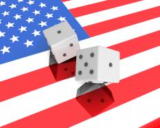 Two dices on us flag shows game theme stock photo