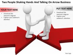 Two people shaking hands and talking on arrow business ppt graphics icons powerpoint
