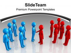 Two teams shaking hands business powerpoint templates ppt themes and graphics 0113