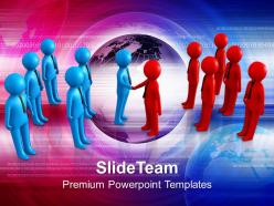 Two teams shaking hands global business powerpoint templates ppt themes and graphics 0113