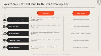 Types Of Emails We Will Send For The Grand Store Opening Retail Outlet To Cater New Target Audience