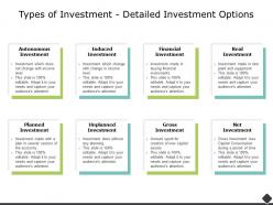 Types of investment detailed investment options planned ppt presentation slides