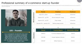 Ultimate E Commerce Business Professional Summary Of E Commerce Start Up Founder BP SS