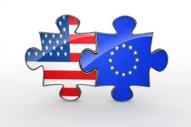 Union of america and europe with flag design puzzles stock photo