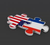 Union of us and france flag over puzzle stock photo