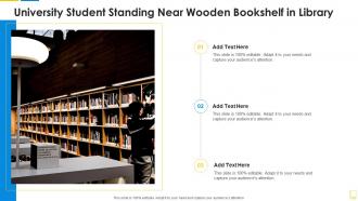 University student standing near wooden bookshelf in library