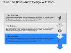Uo three text boxes arrow design with icons powerpoint template slide