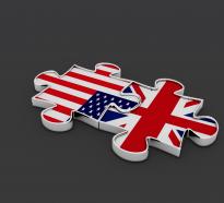 Us and uk flag designed puzzles shows union stock photo