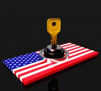 Us flag with lock shows security stock photo