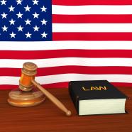 Us law concept with flag and gavel stock photo