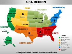 A map of the United States divided into six regions with color coded labels