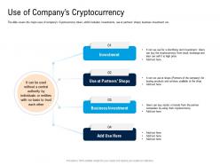 Use of companys cryptocurrency pitch deck for cryptocurrency funding ppt icons