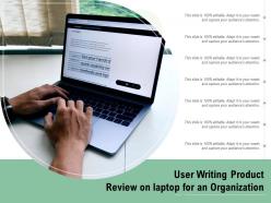 User writing product review on laptop for an organization