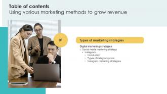 Using Various Marketing Methods To Grow Revenue Table Of Contents Strategy SS V