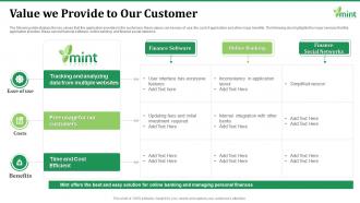 Value we provide to our customer mint investor funding elevator ppt icons