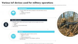 Various IoT Devices Used For Military Operations Comprehensive Guide For Applications IoT SS