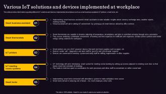 Various IOT Solutions And Devices Implemented Internet Of Things IOT Implementation At Workplace