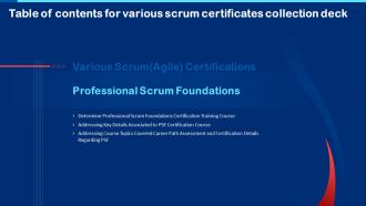 Various Scrum Certificates Collection Deck For Table Of Contents Ppt Ideas Master Slide