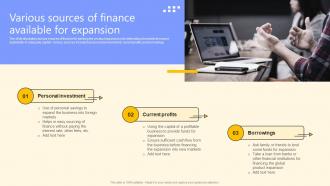 Various Sources Of Finance Available For Expansion Global Product Market Expansion Guide