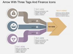 Vb arrow with three tags and finance icons flat powerpoint design