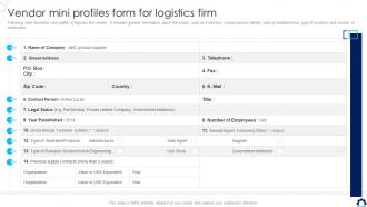 Vendor Mini Profiles Form For Logistics Firm Supply Chain Transformation Toolkit
