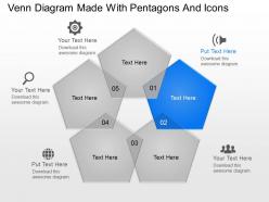 Venn diagram made with pentagons and icons powerpoint template slide