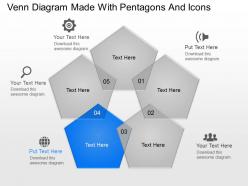 Venn diagram made with pentagons and icons powerpoint template slide