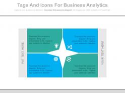 View four staged tags and icons for business analytics flat powerpoint design