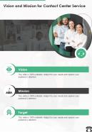 Vision And Mission For Contact Center Service One Pager Sample Example Document