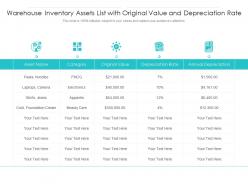 Warehouse inventory assets list with original value and depreciation rate