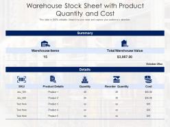 Warehouse stock sheet with product quantity and cost
