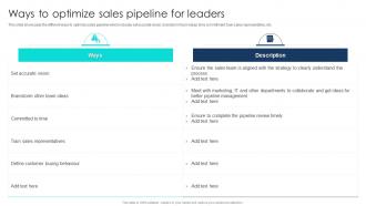 Ways To Optimize Sales Pipeline For Leaders Pipeline Management To Analyze Sales Process