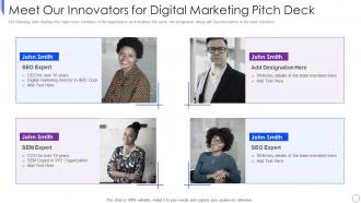 Web advertisement agency investor funding elevator meet our innovators for digital marketing pitch deck