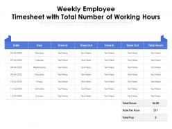 Weekly employee timesheet with total number of working hours