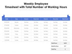 Weekly employee timesheet with total number of working hours