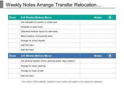 Weekly notes arrange transfer relocation schedule chart with icons