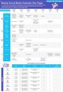 Weekly social media calendar one pager presentation report infographic ppt pdf document