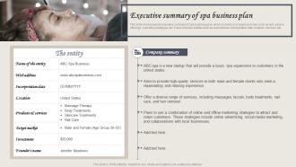 Wellness Spa Services Executive Summary Of Spa Business Plan BP SS