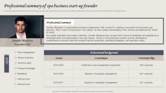 Wellness Spa Services Professional Summary Of Spa Business Start Up Founder BP SS