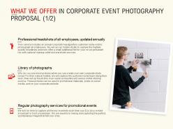 What we offer in corporate event photography proposal management ppt icons