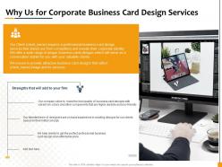 Why us for corporate business card design services ppt icon inspiration