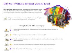 Why us for official proposal cultural event ppt powerpoint presentation gallery layouts