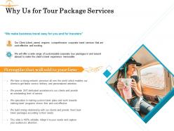 Why Us For Tour Package Services Ppt Powerpoint Presentation Gallery Icon