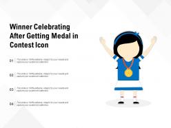 Winner celebrating after getting medal in contest icon