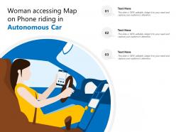 Woman accessing map on phone riding in autonomous car