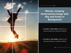 Woman jumping achievement image with sky and grass in background